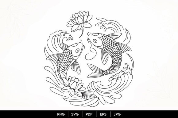 Download Koi Fish Lotus Line Art SVG - Premium Resources